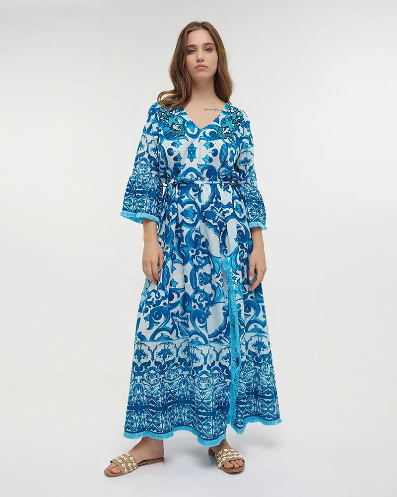 ΦΟΡΕΜΑ/ΠΟΥΚΑΜΙΣΑ ΜΑΚΡΙΑ ΤΥΡΚΟΥΑΖ/ΛΕΥΚΟ ΜΕ ΚΕΝΤΗΜΑΤΑ S/M (100% COTTON)