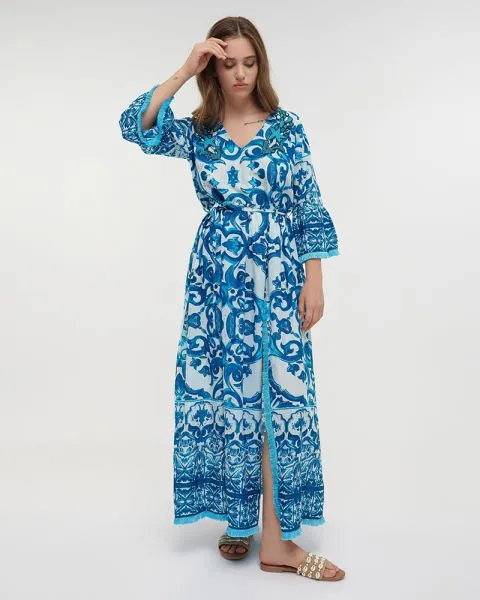 ΦΟΡΕΜΑ/ΠΟΥΚΑΜΙΣΑ ΜΑΚΡΙΑ ΤΥΡΚΟΥΑΖ/ΛΕΥΚΟ ΜΕ ΚΕΝΤΗΜΑΤΑ M/L (100% COTTON)