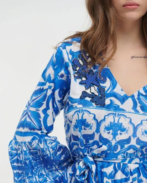 ΦΟΡΕΜΑ/ΠΟΥΚΑΜΙΣΑ ΜΑΚΡΙΑ ΜΠΛΕ/ΛΕΥΚΟ ΜΕ ΚΕΝΤΗΜΑΤΑ S/M (100% COTTON)