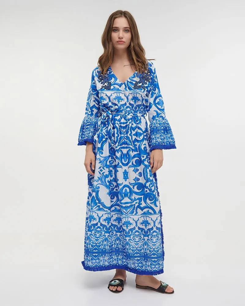 ΦΟΡΕΜΑ/ΠΟΥΚΑΜΙΣΑ ΜΑΚΡΙΑ ΜΠΛΕ/ΛΕΥΚΟ ΜΕ ΚΕΝΤΗΜΑΤΑ S/M (100% COTTON)