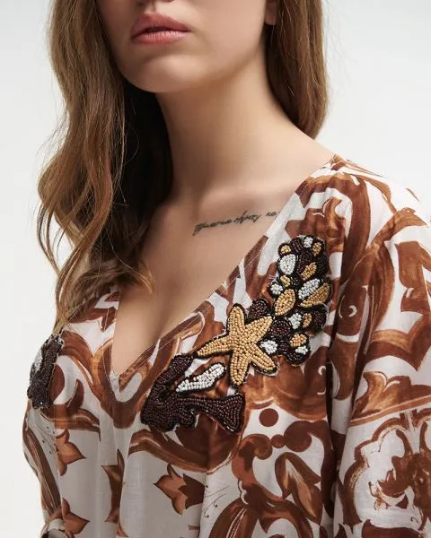 ΦΟΡΕΜΑ/ΠΟΥΚΑΜΙΣΑ ΜΑΚΡΙΑ ΚΑΦΕ/ΛΕΥΚΟ ΜΕ ΚΕΝΤΗΜΑΤΑ S/M (100% COTTON)