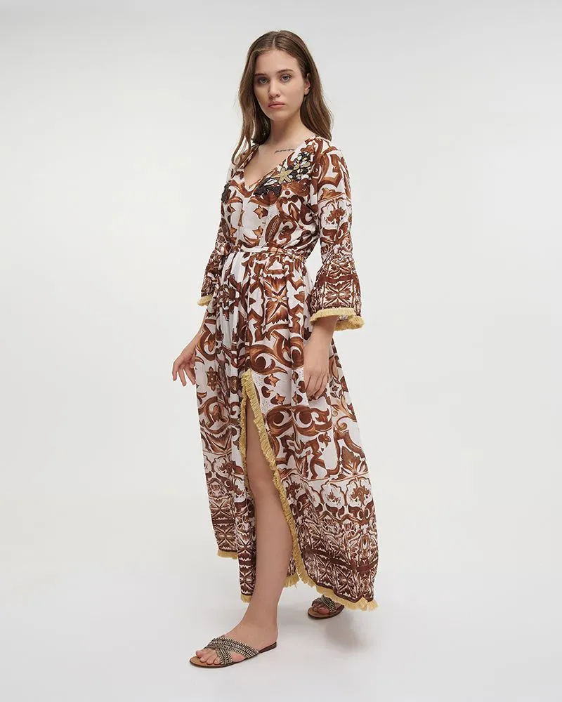 ΦΟΡΕΜΑ/ΠΟΥΚΑΜΙΣΑ ΜΑΚΡΙΑ ΚΑΦΕ/ΛΕΥΚΟ ΜΕ ΚΕΝΤΗΜΑΤΑ S/M (100% COTTON)