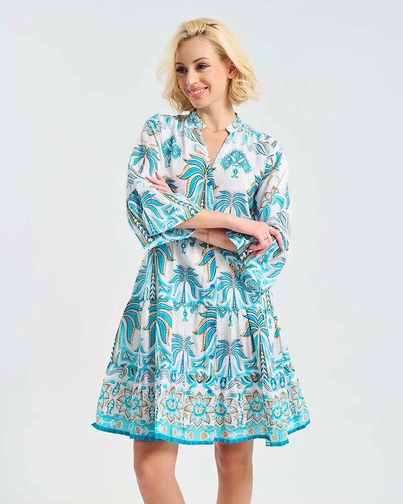 ΚΟΝΤΟ ΦΟΡΕΜΑ ΣΕ ΛΕΥΚΌ ΜΕ ΓΑΛΑΖΙΟΥΣ ”ΦΟΙΝΙΚΕΣ” ONE SIZE (50% COTTON 50% POLYESTER)