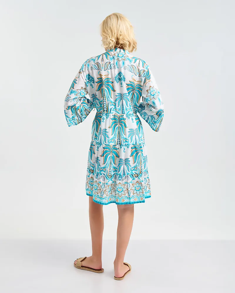 ΚΟΝΤΟ ΦΟΡΕΜΑ ΣΕ ΛΕΥΚΌ ΜΕ ΓΑΛΑΖΙΟΥΣ ''ΦΟΙΝΙΚΕΣ'' ONE SIZE (50% COTTON 50% POLYESTER)