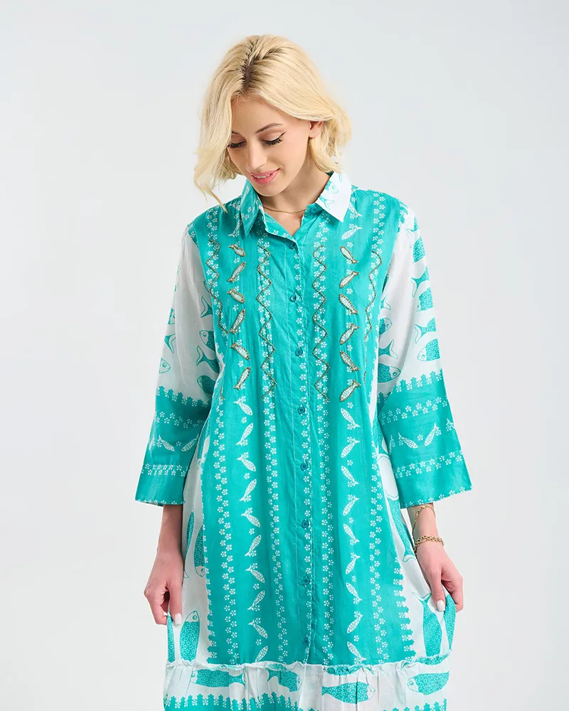 ΜΑΚΡΥ ΦΟΡΕΜΑ ΤΥΡΚΟΥΑΖ/ΛΕΥΚΌ ΜΕ ΣΧΕΔΙΑ ONE SIZE ( 100% COTTON)