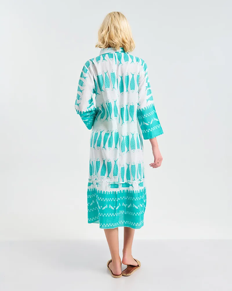 ΜΑΚΡΥ ΦΟΡΕΜΑ ΤΥΡΚΟΥΑΖ/ΛΕΥΚΌ ΜΕ ΣΧΕΔΙΑ ONE SIZE ( 100% COTTON)