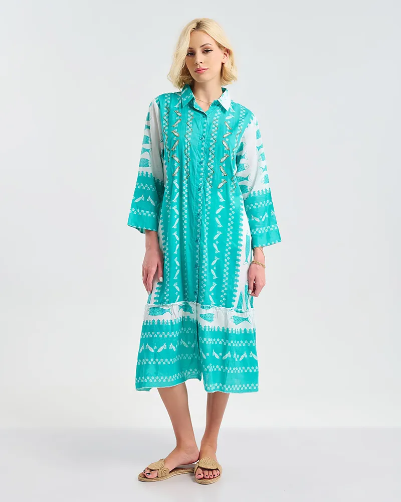 ΜΑΚΡΥ ΦΟΡΕΜΑ ΤΥΡΚΟΥΑΖ/ΛΕΥΚΌ ΜΕ ΣΧΕΔΙΑ ONE SIZE ( 100% COTTON)