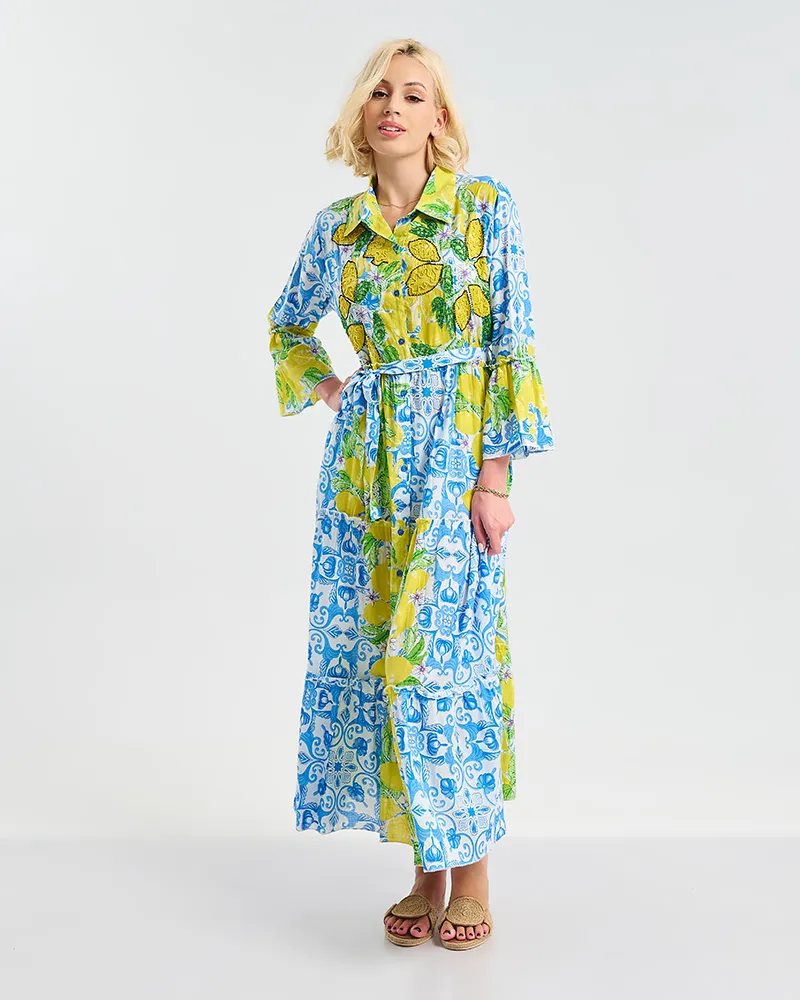 ΦΟΡΕΜΑ ΜΑΚΡΥ ΜΠΛΕ/ΛΕΥΚΌ ΜΕ ΚΊΤΡΙΝΕΣ/ΠΡΑΣΙΝΕΣ ΛΕΠΤΟΜΕΡΕΙΕΣ S/M ( 100% COTTON)