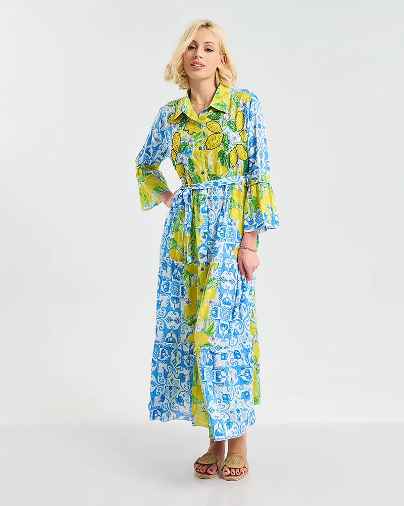 ΦΟΡΕΜΑ ΜΑΚΡΥ ΜΠΛΕ/ΛΕΥΚΌ ΜΕ ΚΊΤΡΙΝΕΣ/ΠΡΑΣΙΝΕΣ ΛΕΠΤΟΜΕΡΕΙΕΣ L/XL ( 100% COTTON)