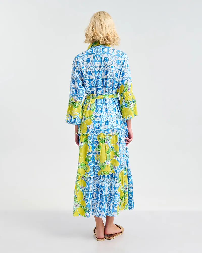 ΦΟΡΕΜΑ ΜΑΚΡΥ ΜΠΛΕ/ΛΕΥΚΌ ΜΕ ΚΊΤΡΙΝΕΣ/ΠΡΑΣΙΝΕΣ ΛΕΠΤΟΜΕΡΕΙΕΣ L/XL ( 100% COTTON)