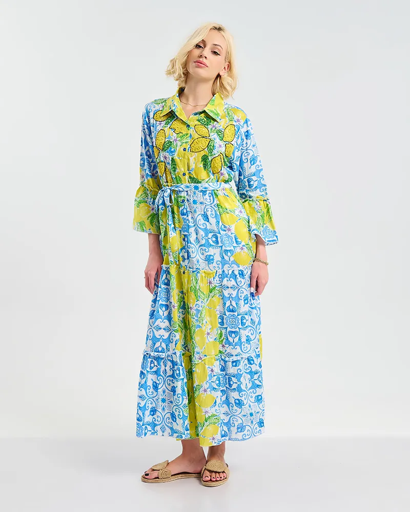 ΦΟΡΕΜΑ ΜΑΚΡΥ ΜΠΛΕ/ΛΕΥΚΌ ΜΕ ΚΊΤΡΙΝΕΣ/ΠΡΑΣΙΝΕΣ ΛΕΠΤΟΜΕΡΕΙΕΣ L/XL ( 100% COTTON)