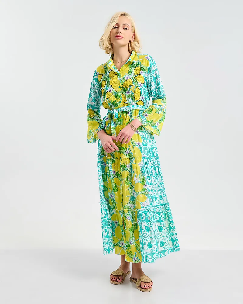 ΦΟΡΕΜΑ ΜΑΚΡΥ ΜΕ ΖΩΝΗ ΛΕΥΚΌ ΜΕ ΚΊΤΡΙΝΕΣ/ΠΡΑΣΙΝΕΣ ΛΕΠΤΟΜΕΡΕΙΕΣ S/M ( 100% COTTON)