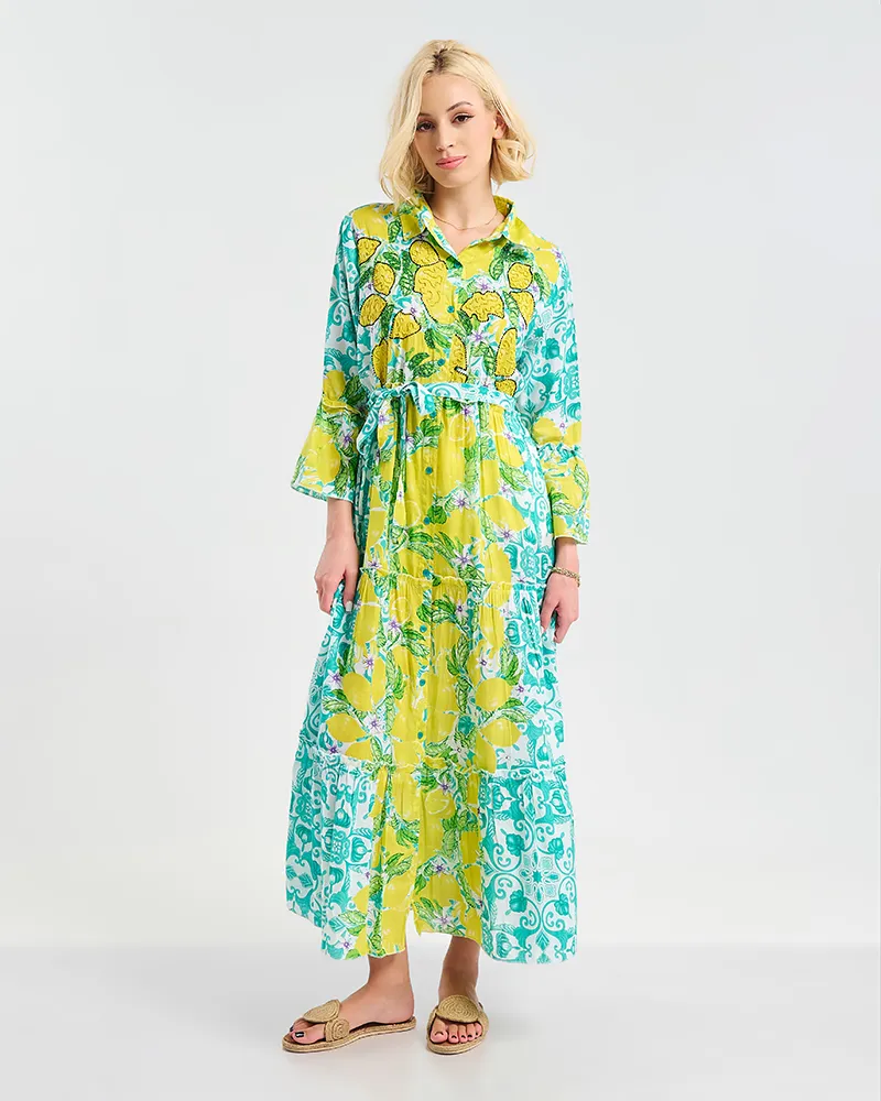 ΦΟΡΕΜΑ ΜΑΚΡΥ ΜΕ ΖΩΝΗ ΛΕΥΚΌ ΜΕ ΚΊΤΡΙΝΕΣ/ΠΡΑΣΙΝΕΣ ΛΕΠΤΟΜΕΡΕΙΕΣ L/XL ( 100% COTTON)