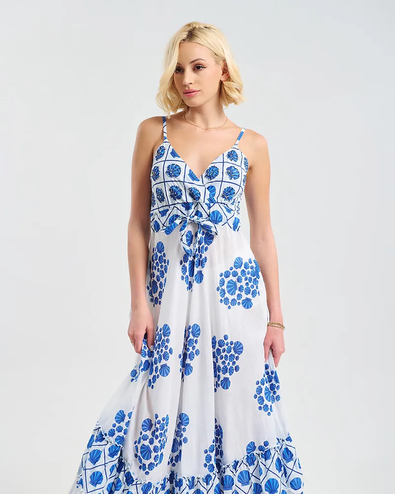 ΦΟΡΕΜΑ ΜΑΚΡΥ ΛΕΥΚΌ ΜΕ ΤΙΡΑΝΤΕΣ ΜΕ ΜΠΛΕ ”ΚΟΧΥΛΙΑ” ONE SIZE ( 100% COTTON)