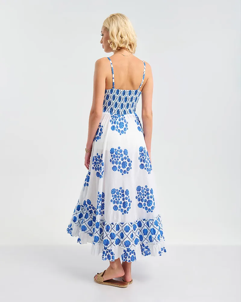 ΦΟΡΕΜΑ ΜΑΚΡΥ ΛΕΥΚΌ ΜΕ ΤΙΡΑΝΤΕΣ ΜΕ ΜΠΛΕ ''ΚΟΧΥΛΙΑ'' ONE SIZE ( 100% COTTON)