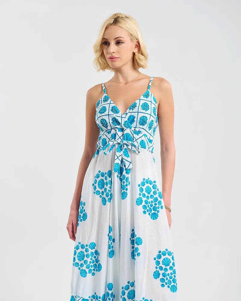 ΦΟΡΕΜΑ ΜΑΚΡΥ ΛΕΥΚΌ ΜΕ ΤΙΡΑΝΤΕΣ ΜΕ ΓΑΛΑΖΙΟ ”ΚΟΧΥΛΙΑ” ONE SIZE ( 100% COTTON)