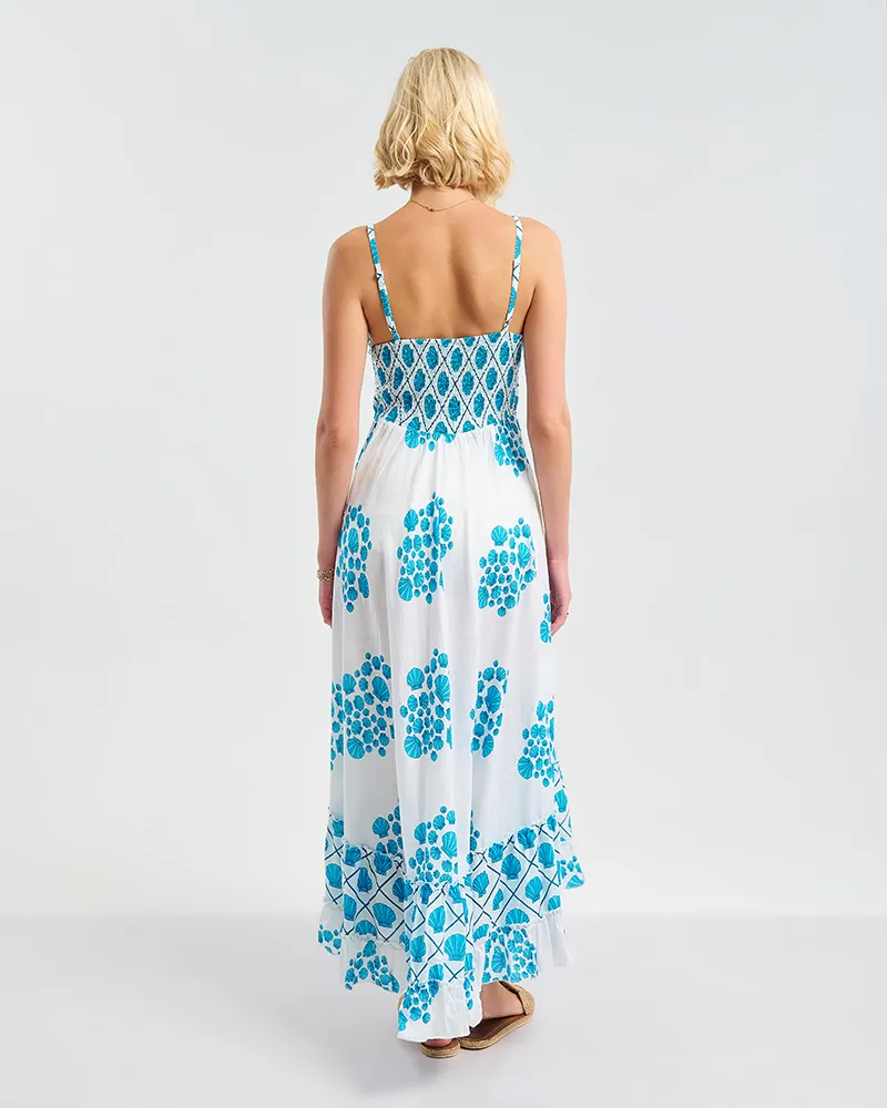 ΦΟΡΕΜΑ ΜΑΚΡΥ ΛΕΥΚΌ ΜΕ ΤΙΡΑΝΤΕΣ ΜΕ ΓΑΛΑΖΙΟ ''ΚΟΧΥΛΙΑ'' ONE SIZE ( 100% COTTON)