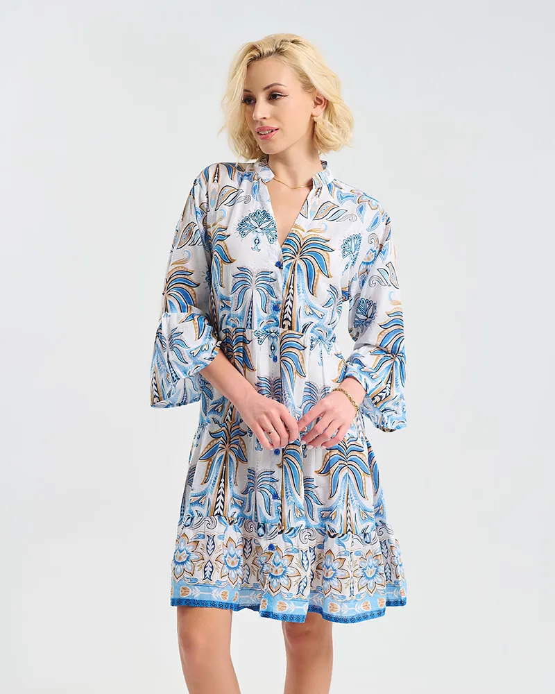 ΚΟΝΤΟ ΦΟΡΕΜΑ ΣΕ ΛΕΥΚΌ/ΜΠΛΕ ΜΕ ”ΦΟΙΝΙΚΕΣ” ONE SIZE ( 100% COTTON)