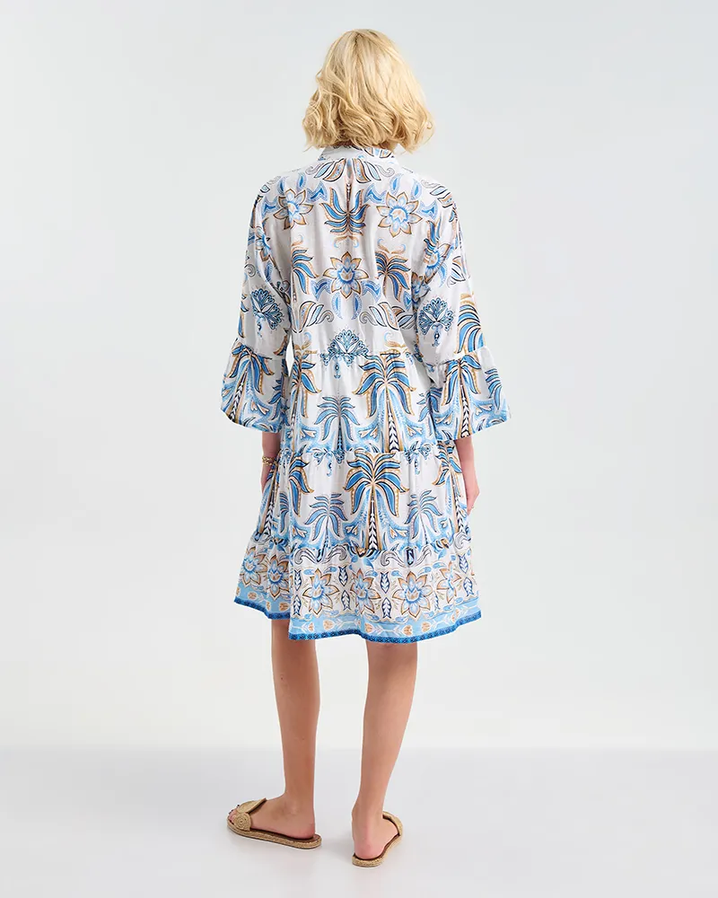 ΚΟΝΤΟ ΦΟΡΕΜΑ ΣΕ ΛΕΥΚΌ/ΜΠΛΕ ΜΕ ''ΦΟΙΝΙΚΕΣ'' ONE SIZE ( 100% COTTON)