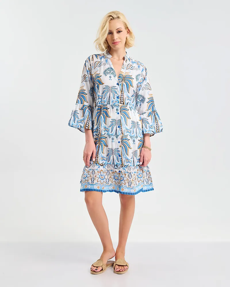 ΚΟΝΤΟ ΦΟΡΕΜΑ ΣΕ ΛΕΥΚΌ/ΜΠΛΕ ΜΕ ”ΦΟΙΝΙΚΕΣ” ONE SIZE ( 100% COTTON)