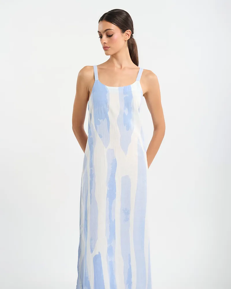 ΜΑΚΡΥ ΑΜΑΝΙΚΟ ΦΟΡΕΜΑ ΣΕ ΛΕΥΚΌ/ΓΑΛΑΖΙΟ ONE SIZE ( 30% LINEN 70% COTTON