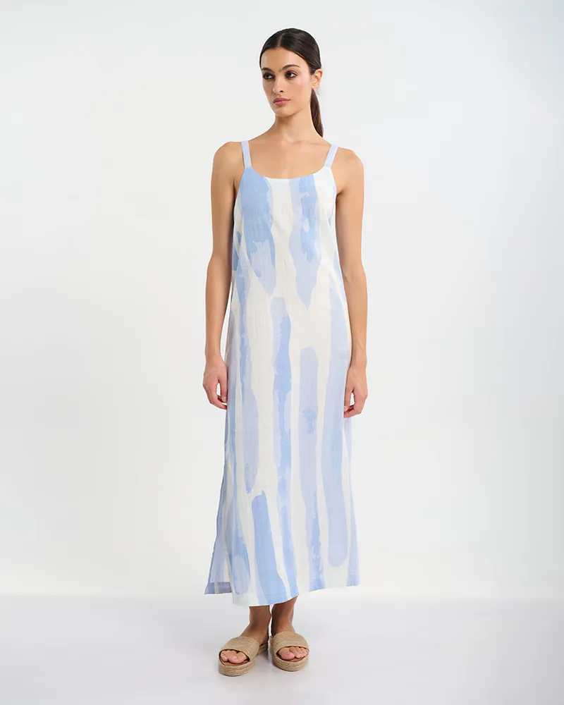 ΜΑΚΡΥ ΑΜΑΝΙΚΟ ΦΟΡΕΜΑ ΣΕ ΛΕΥΚΌ/ΓΑΛΑΖΙΟ ONE SIZE ( 30% LINEN 70% COTTON