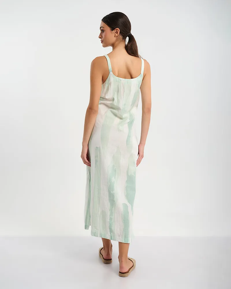 ΜΑΚΡΥ ΑΜΑΝΙΚΟ ΦΟΡΕΜΑ ΣΕ ΠΡΑΣΙΝΟ/ΛΕΥΚΟ ONE SIZE ( 30% LINEN 70% COTTON