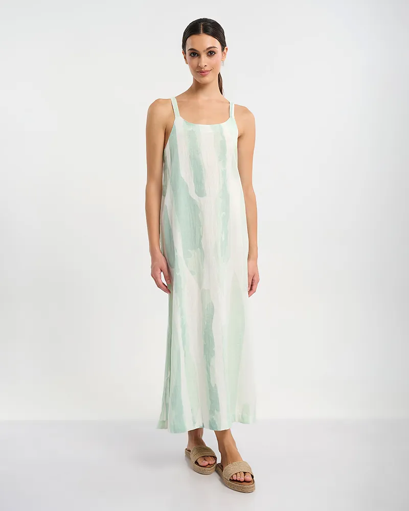 ΜΑΚΡΥ ΑΜΑΝΙΚΟ ΦΟΡΕΜΑ ΣΕ ΠΡΑΣΙΝΟ/ΛΕΥΚΟ ONE SIZE ( 30% LINEN 70% COTTON