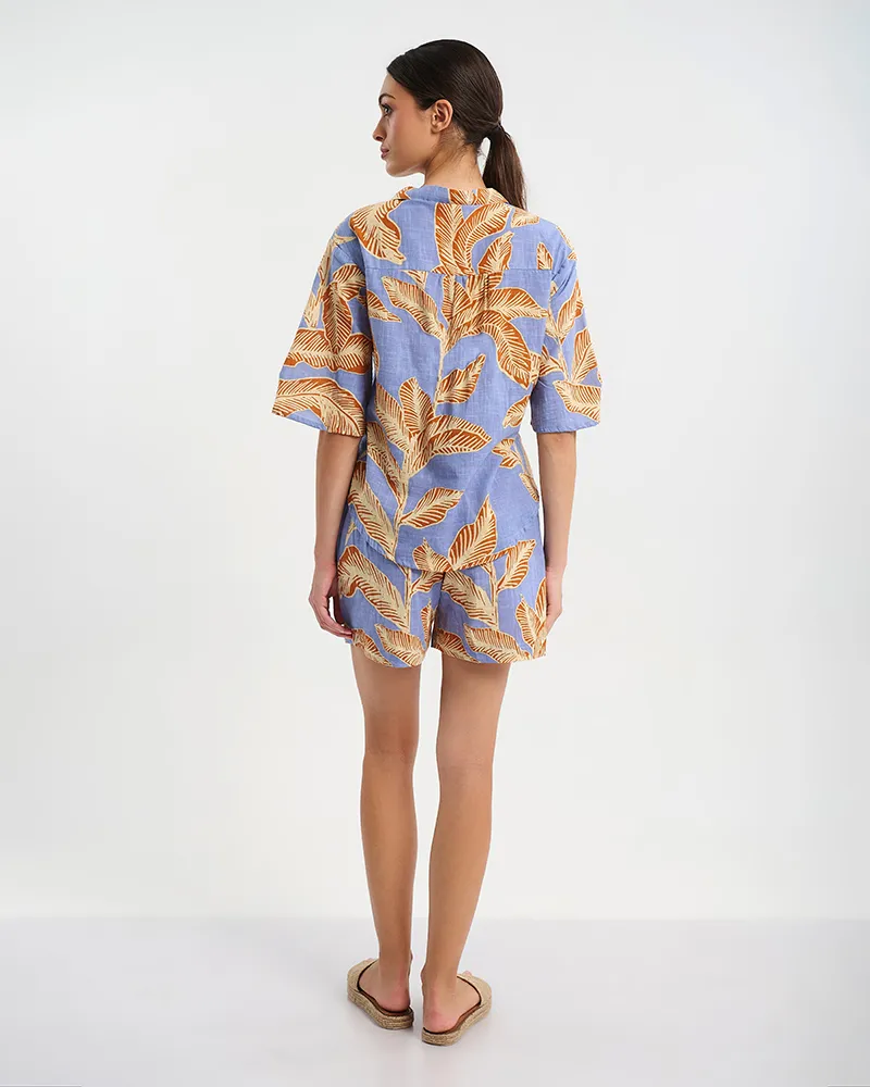 ΠΟΥΚΑΜΙΣΟ ΚΟΝΤΟΜΑΝΙΚΟ ΣΕ ΜΠΛΕ ΧΡΩΜΑ ΜΕ ΜΠΕΖ ''ΦΥΛΛΑ'' ONE SIZE ( 100% COTTON)