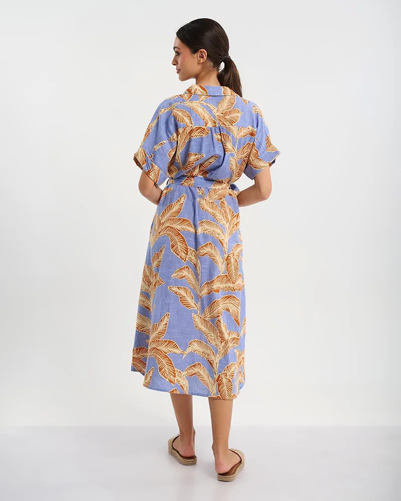 ΦΟΡΕΜΑ ΜΕ 3/4 ΜΑΝΙΚΙ ΣΕ ΜΠΛΕ ΧΡΩΜΑ ΜΕ ΜΠΕΖ '' ΦΥΛΛΑ'' ONE SIZE ( 100% COTTON)