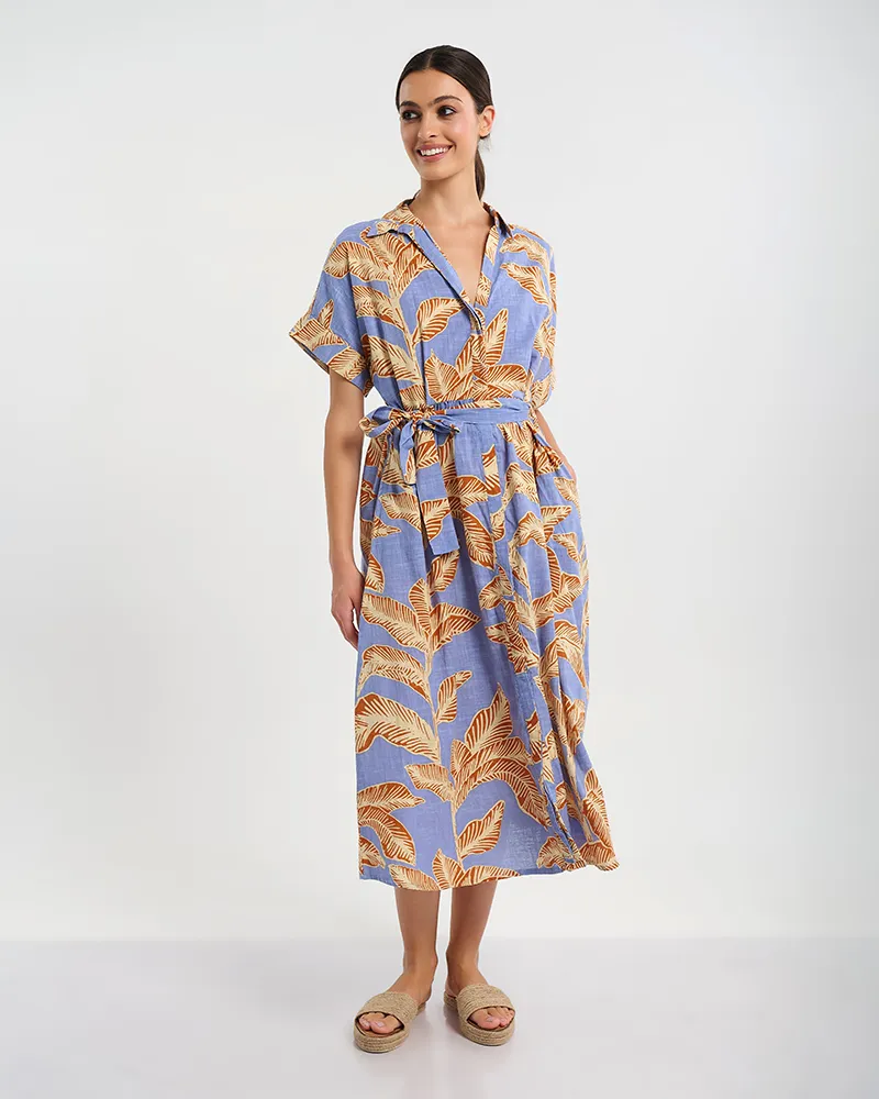 ΦΟΡΕΜΑ ΜΕ 3/4 ΜΑΝΙΚΙ ΣΕ ΜΠΛΕ ΧΡΩΜΑ ΜΕ ΜΠΕΖ ” ΦΥΛΛΑ” ONE SIZE ( 100% COTTON)