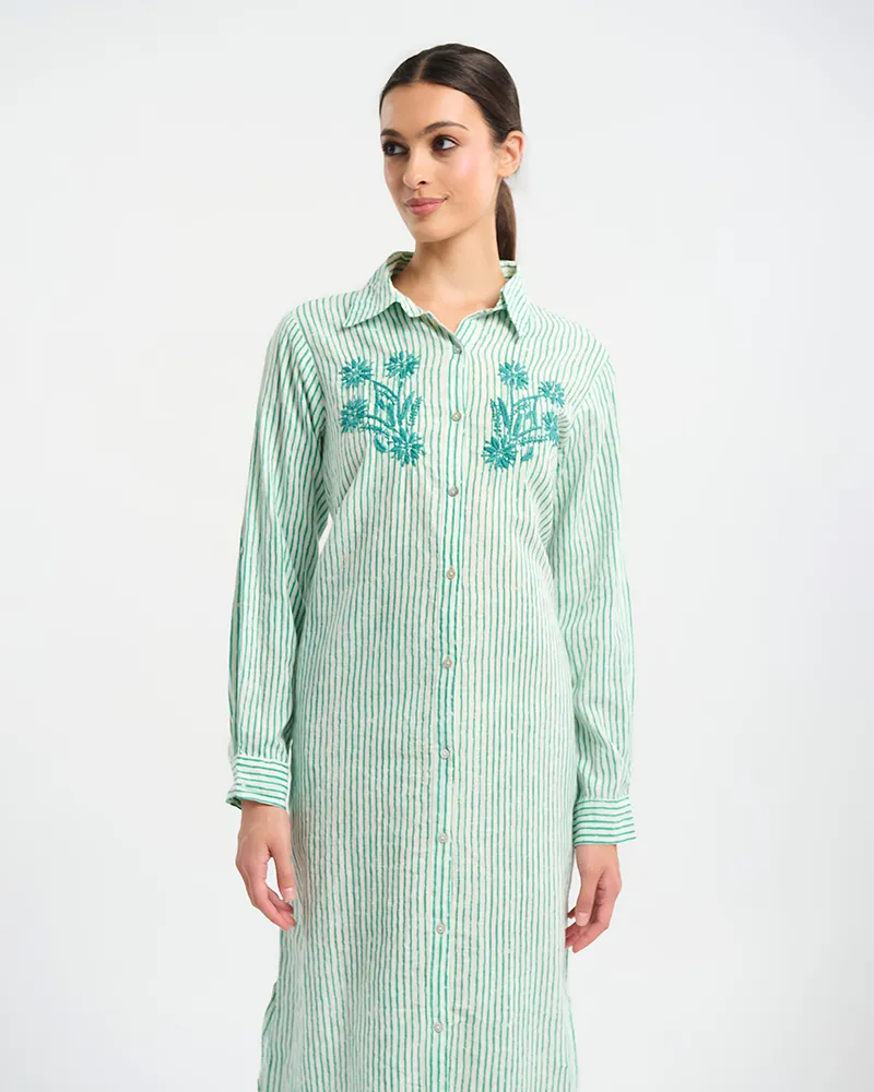 ΦΟΡΕΜΑ/ΠΟΥΚΑΜΙΣΑ ΣΕ ΛΕΥΚΌ ΜΕ ΠΡΑΣΙΝΕΣ ΡΙΓΕΣ ONE SIZE ( 100% COTTON)