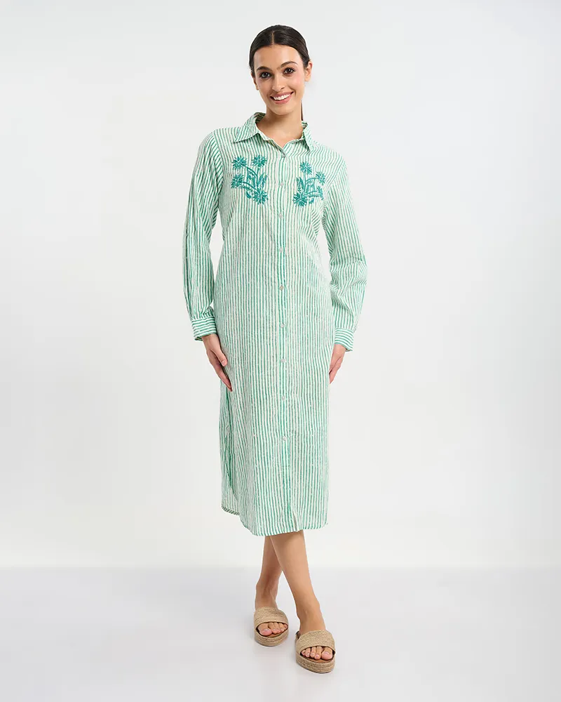 ΦΟΡΕΜΑ/ΠΟΥΚΑΜΙΣΑ ΣΕ ΛΕΥΚΌ ΜΕ ΠΡΑΣΙΝΕΣ ΡΙΓΕΣ ONE SIZE ( 100% COTTON)