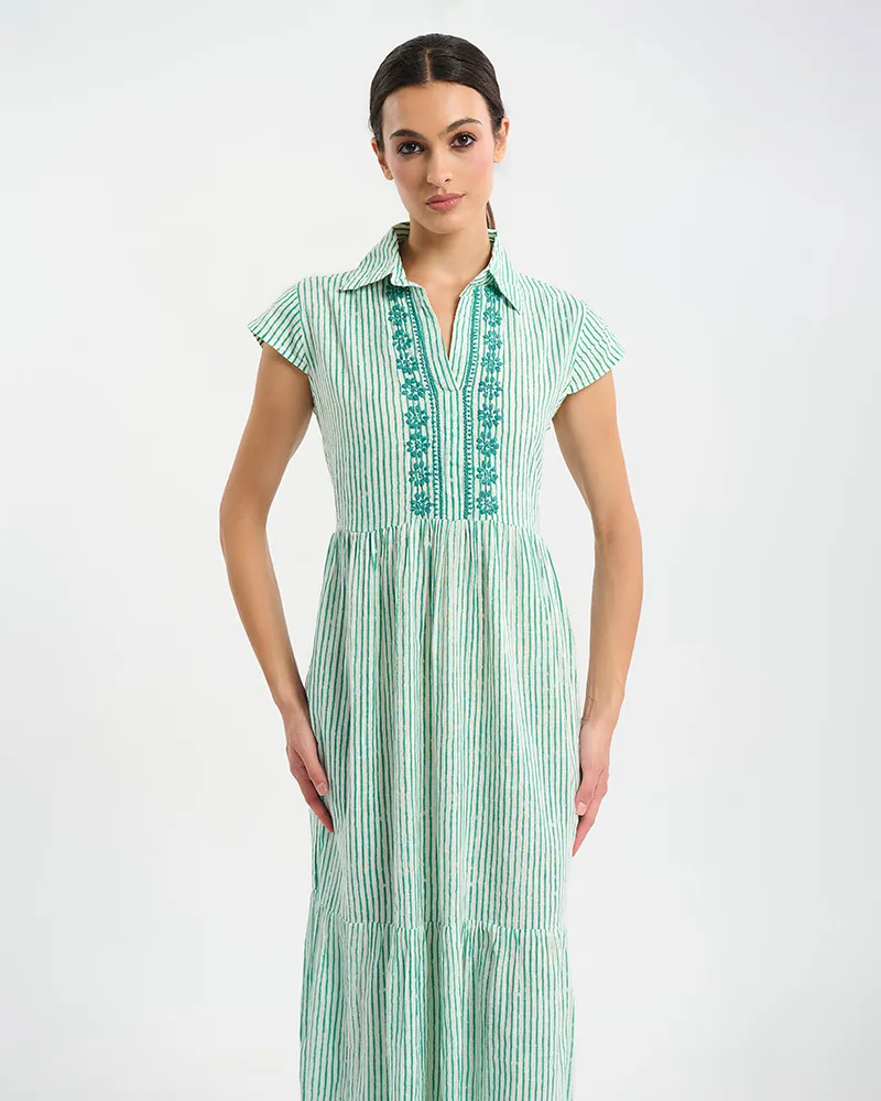 ΦΟΡΕΜΑ ΜΑΚΡΥ ΑΜΑΝΙΚΟ ΣΕ ΛΕΥΚΌ ΜΕ ΠΡΑΣΙΝΕΣ ΡΙΓΕΣ ONE SIZE (100 % COTTON)