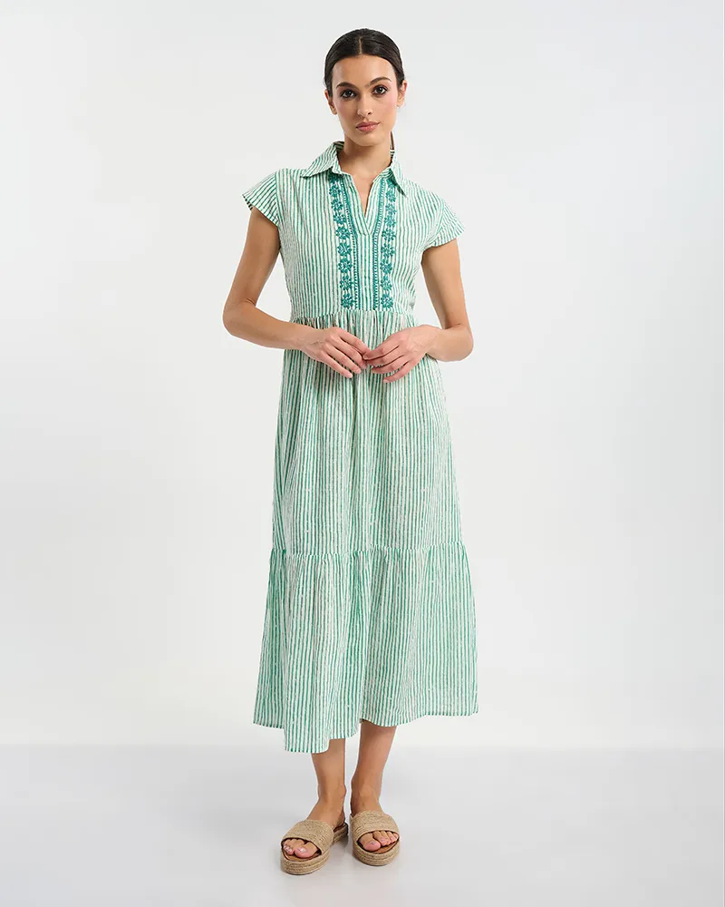 ΦΟΡΕΜΑ ΜΑΚΡΥ ΑΜΑΝΙΚΟ ΣΕ ΛΕΥΚΌ ΜΕ ΠΡΑΣΙΝΕΣ ΡΙΓΕΣ ONE SIZE (100 % COTTON)