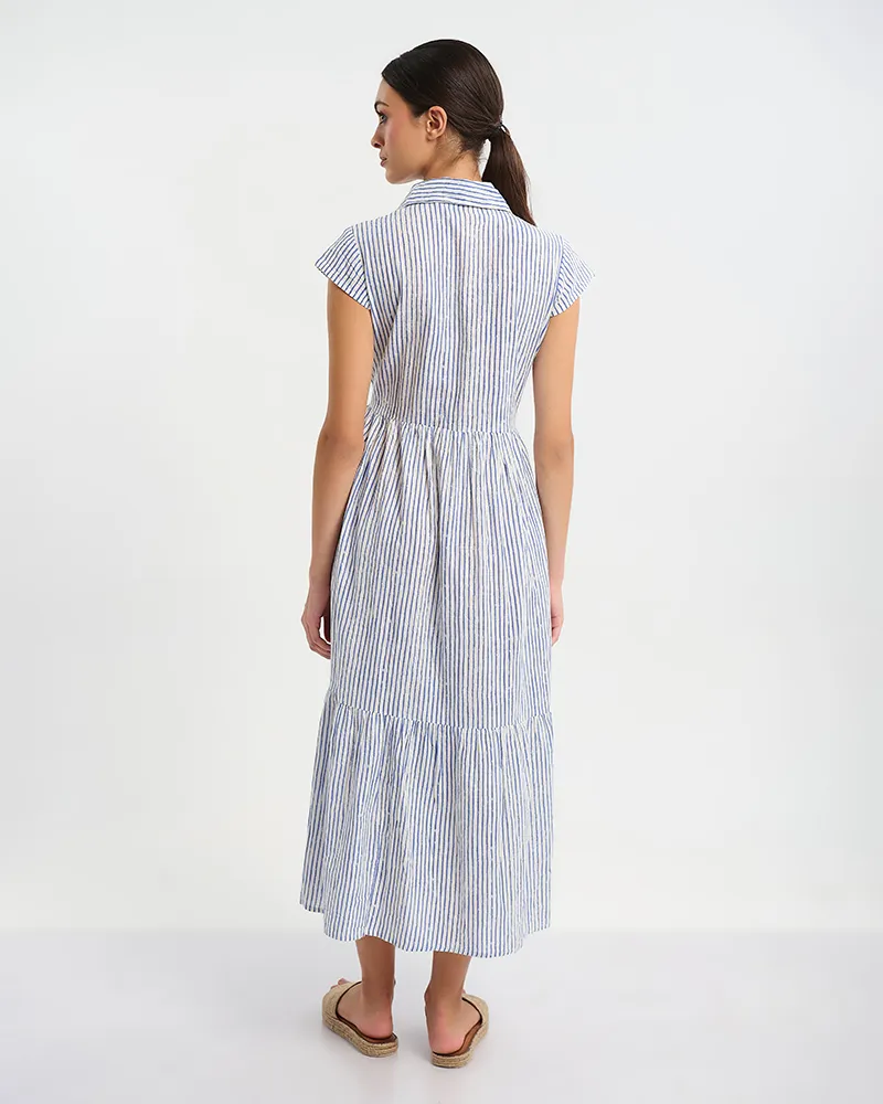 ΦΟΡΕΜΑ ΜΑΚΡΥ ΑΜΑΝΙΚΟ ΣΕ ΛΕΥΚΌ ΜΕ ΜΠΛΕ ΡΙΓΕΣ ONE SIZE (100 % COTTON)