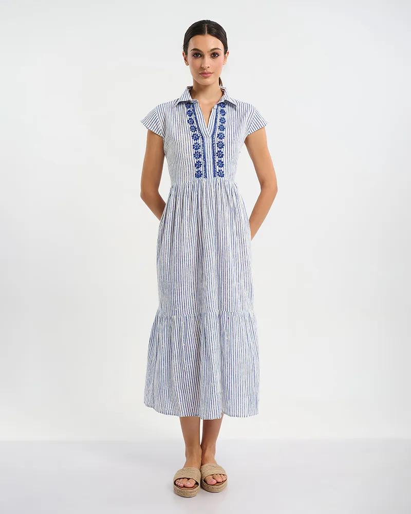 ΦΟΡΕΜΑ ΜΑΚΡΥ ΑΜΑΝΙΚΟ ΣΕ ΛΕΥΚΌ ΜΕ ΜΠΛΕ ΡΙΓΕΣ ONE SIZE (100 % COTTON)