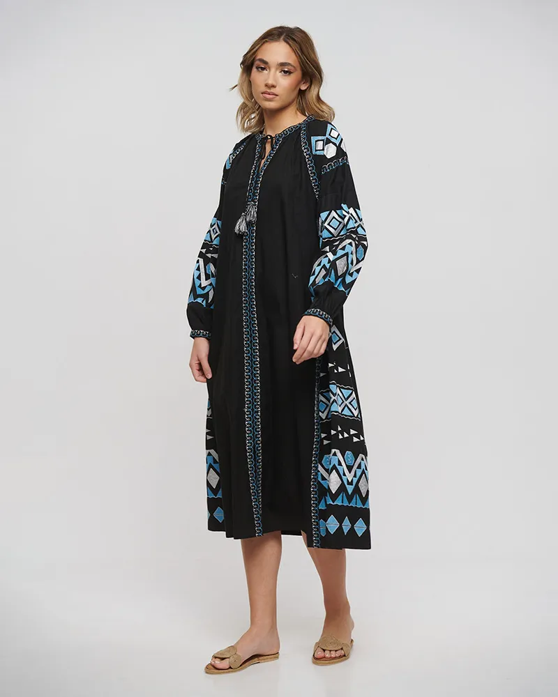 ΦΟΡΕΜΑ/ΚΑΦΤΑΝΙ ΜΑΚΡΥ ΣΕ ΜΑΥΡΟ ΧΡΩΜΑ ΜΕ ΛΕΥΚΑ/ΜΠΛΕ ΚΕΝΤΗΜΑΤΑ ONE SIZE (100% COTTON)