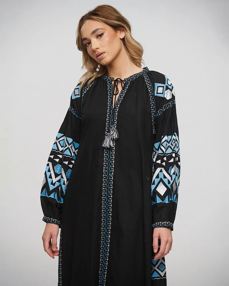 ΦΟΡΕΜΑ/ΚΑΦΤΑΝΙ ΜΑΚΡΥ ΣΕ ΜΑΥΡΟ ΧΡΩΜΑ ΜΕ ΛΕΥΚΑ/ΜΠΛΕ ΚΕΝΤΗΜΑΤΑ ONE SIZE (100% COTTON)