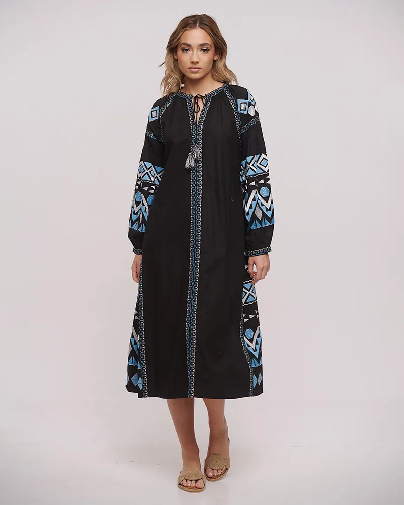 ΦΟΡΕΜΑ/ΚΑΦΤΑΝΙ ΜΑΚΡΥ ΣΕ ΜΑΥΡΟ ΧΡΩΜΑ ΜΕ ΛΕΥΚΑ/ΜΠΛΕ ΚΕΝΤΗΜΑΤΑ ONE SIZE (100% COTTON)