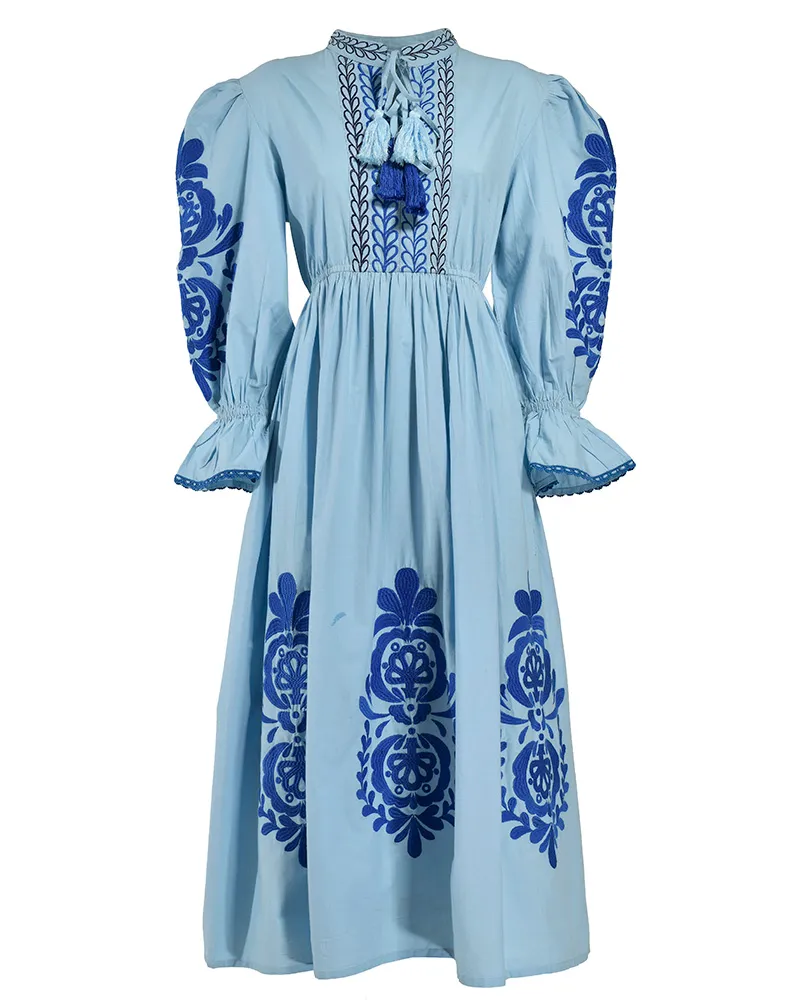 ΦΟΡΕΜΑ/ΚΑΦΤΑΝΙ ΜΑΚΡΥ ΣΕ ΓΑΛΑΖΙΟ ΧΡΩΜΑ ΜΕ ΜΠΛΕ/ΜΑΥΡΑ ΚΕΝΤΗΜΑΤΑ ONE SIZE (100% COTTON)