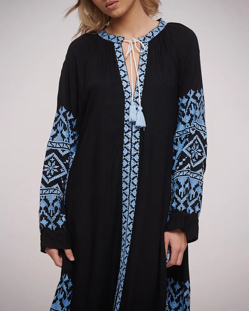 ΦΟΡΕΜΑ/ΚΑΦΤΑΝΙ ΜΑΚΡΥ ΣΕ ΜΑΥΡΟ ΧΡΩΜΑ ΜΕ ΜΠΛΕ ΚΕΝΤΗΜΑΤΑ ONE SIZE (100% COTTON)