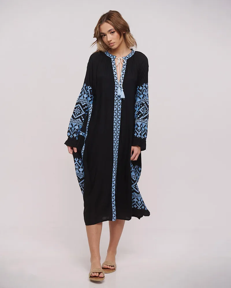 ΦΟΡΕΜΑ/ΚΑΦΤΑΝΙ ΜΑΚΡΥ ΣΕ ΜΑΥΡΟ ΧΡΩΜΑ ΜΕ ΜΠΛΕ ΚΕΝΤΗΜΑΤΑ ONE SIZE (100% COTTON)