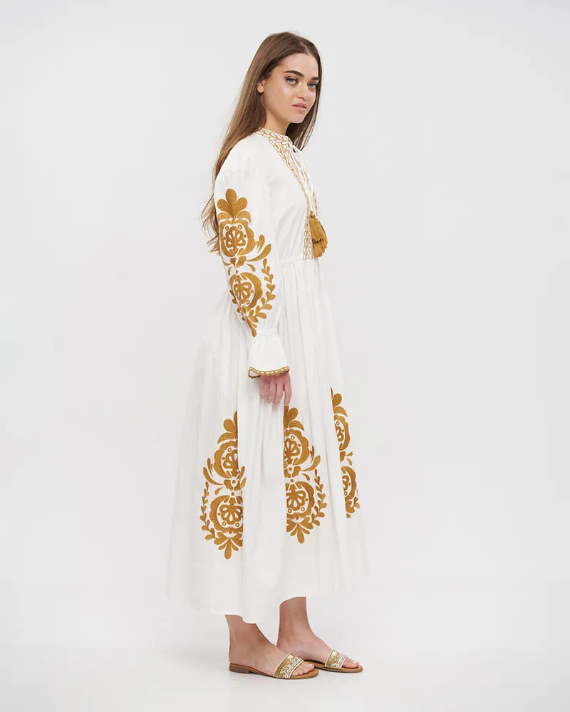 ΦΟΡΕΜΑ/ΚΑΦΤΑΝΙ ΜΑΚΡΥ ΣΕ ΛΕΥΚΟ ΧΡΩΜΑ ΜΕ ΧΡΥΣΑ ΚΕΝΤΗΜΑΤΑ ONE SIZE (100% COTTON)