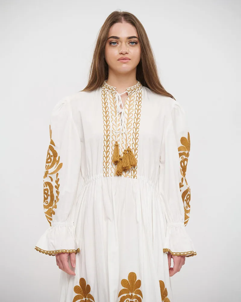 ΦΟΡΕΜΑ/ΚΑΦΤΑΝΙ ΜΑΚΡΥ ΣΕ ΛΕΥΚΟ ΧΡΩΜΑ ΜΕ ΧΡΥΣΑ ΚΕΝΤΗΜΑΤΑ ONE SIZE (100% COTTON)