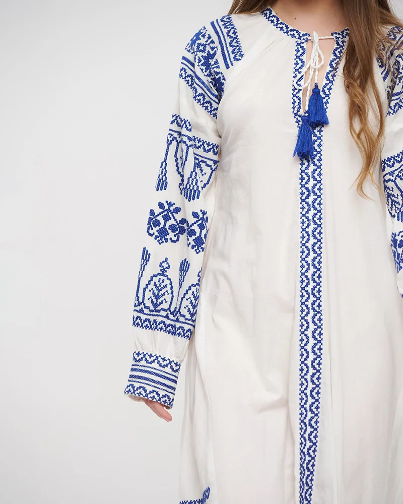 ΦΟΡΕΜΑ/ΚΑΦΤΑΝΙ ΜΑΚΡΥ ΣΕ ΛΕΥΚΟ ΧΡΩΜΑ ΜΕ ΜΠΛΕ ΚΕΝΤΗΜΑΤΑ ONE SIZE (100% COTTON)