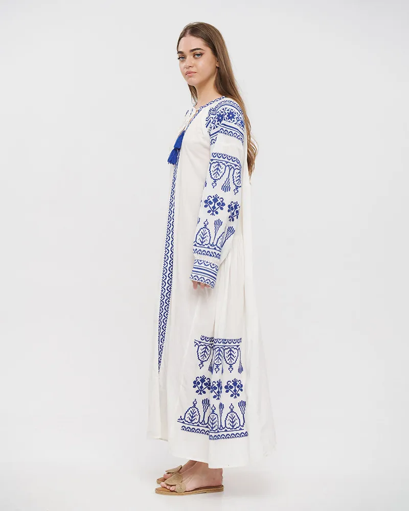 ΦΟΡΕΜΑ/ΚΑΦΤΑΝΙ ΜΑΚΡΥ ΣΕ ΛΕΥΚΟ ΧΡΩΜΑ ΜΕ ΜΠΛΕ ΚΕΝΤΗΜΑΤΑ ONE SIZE (100% COTTON)