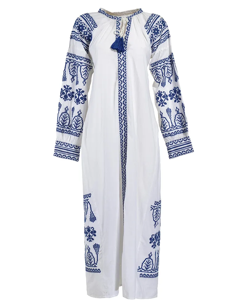 ΦΟΡΕΜΑ/ΚΑΦΤΑΝΙ ΜΑΚΡΥ ΣΕ ΛΕΥΚΟ ΧΡΩΜΑ ΜΕ ΜΠΛΕ ΚΕΝΤΗΜΑΤΑ ONE SIZE (100% COTTON)