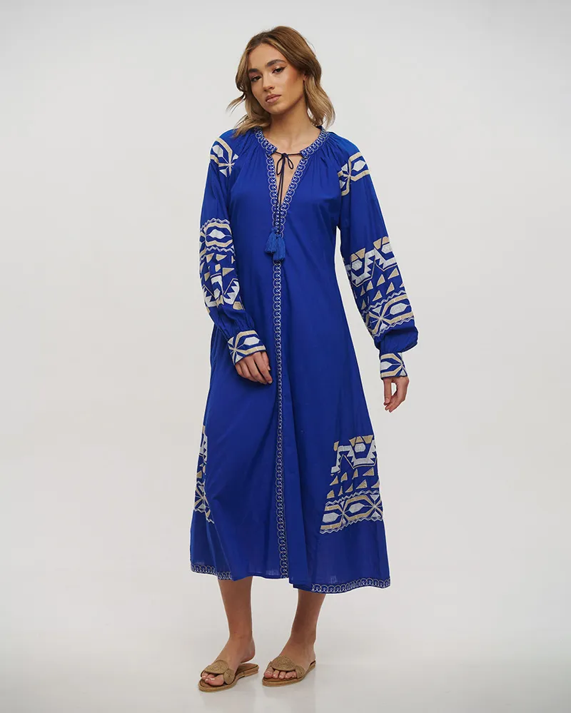 ΦΟΡΕΜΑ/ΚΑΦΤΑΝΙ ΜΑΚΡΥ ΣΕ ΜΠΛΕ ΧΡΩΜΑ ΜΕ ΛΕΥΚΑ/ΜΠΕΖ ΚΕΝΤΗΜΑΤΑ ONE SIZE (100% COTTON)