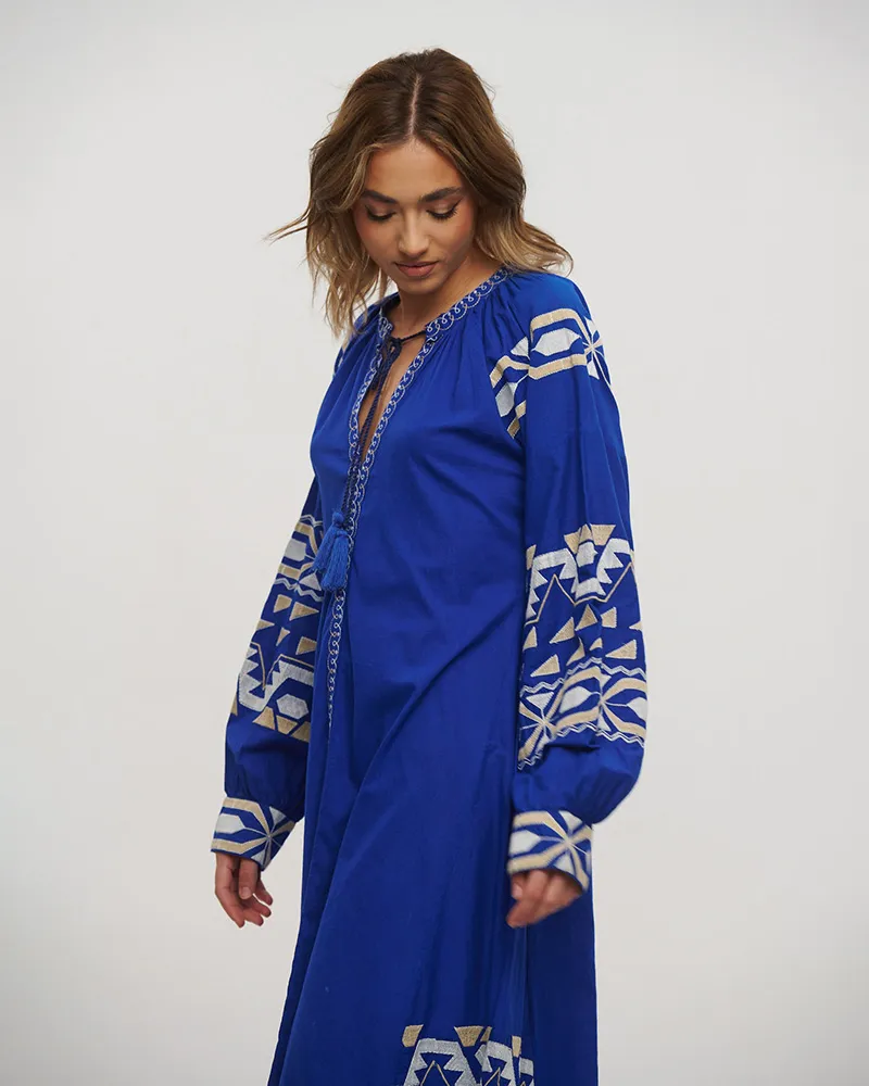 ΦΟΡΕΜΑ/ΚΑΦΤΑΝΙ ΜΑΚΡΥ ΣΕ ΜΠΛΕ ΧΡΩΜΑ ΜΕ ΛΕΥΚΑ/ΜΠΕΖ ΚΕΝΤΗΜΑΤΑ ONE SIZE (100% COTTON)